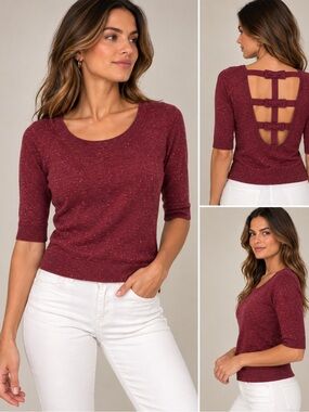 NAF NAF Paris Burgundy Bow Open Back Fitted Sweater Top Size L